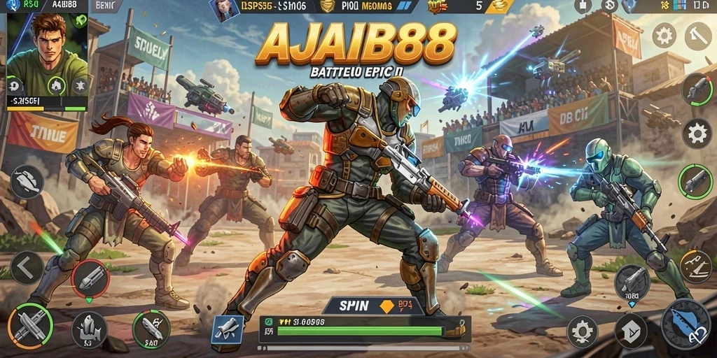 Tangkapan layar utama AJAIB88 menampilkan pertarungan intens di medan perang Battle Royale.
