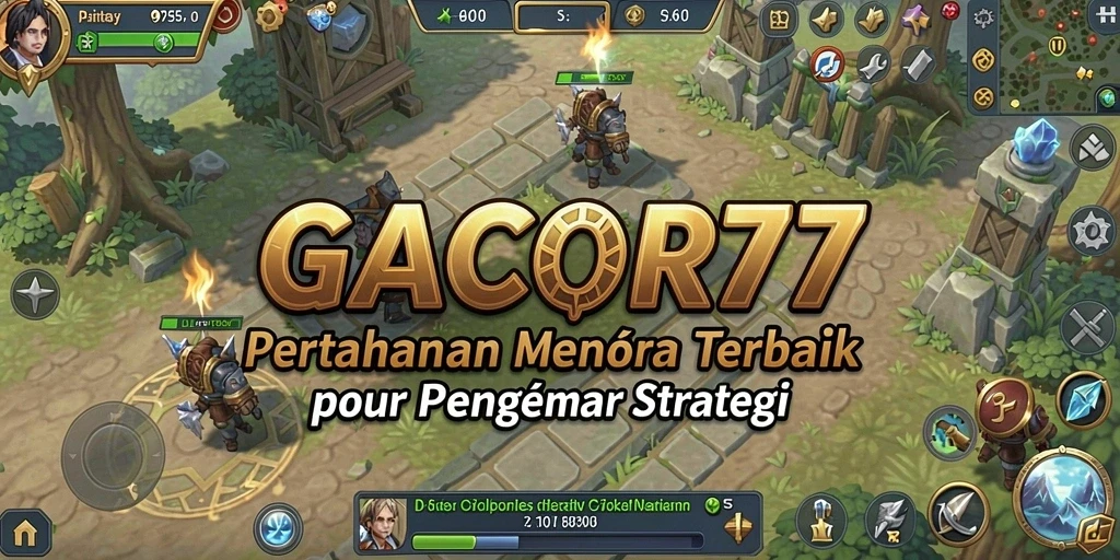 Screenshot gameplay GACOR77 dengan aksi menara pertahanan yang intens.