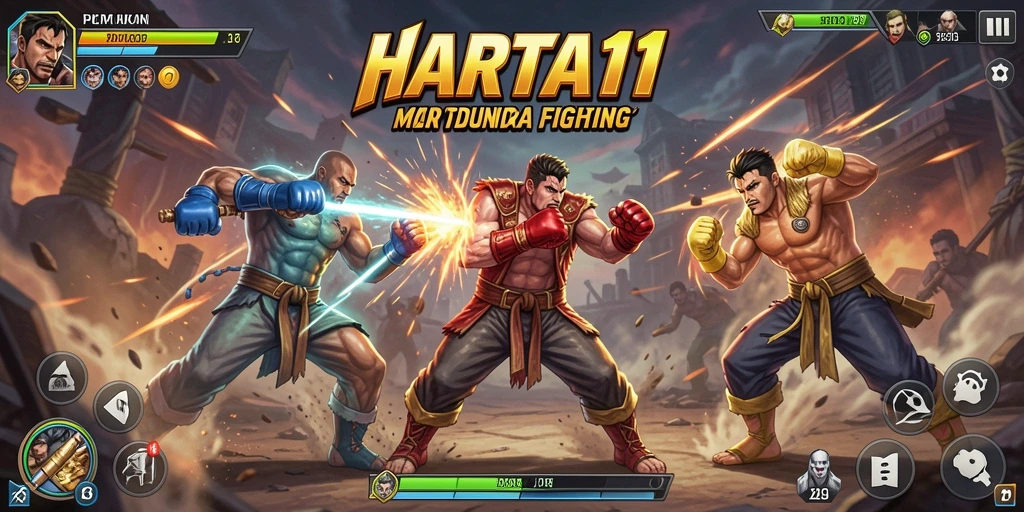 Screenshot HARTA11 menampilkan pertarungan intens karakter di arena yang penuh aksi.