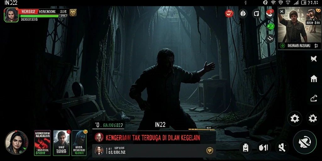Tampilan gameplay IN22 dengan suasana kegelapan yang menakutkan.