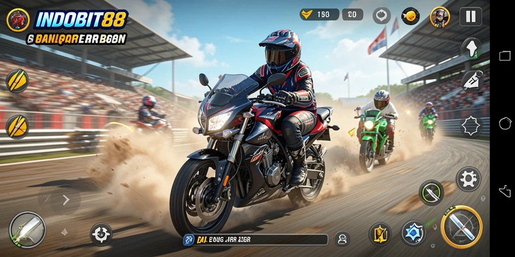 Tangkapan layar gameplay menampilkan aksi balapan motor yang mendebarkan.