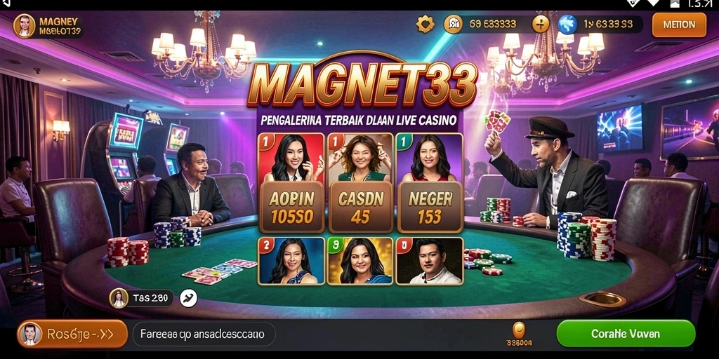 Screenshot gameplay MAGNET33 yang menampilkan dealer langsung dan suasana kasino yang mengesankan.