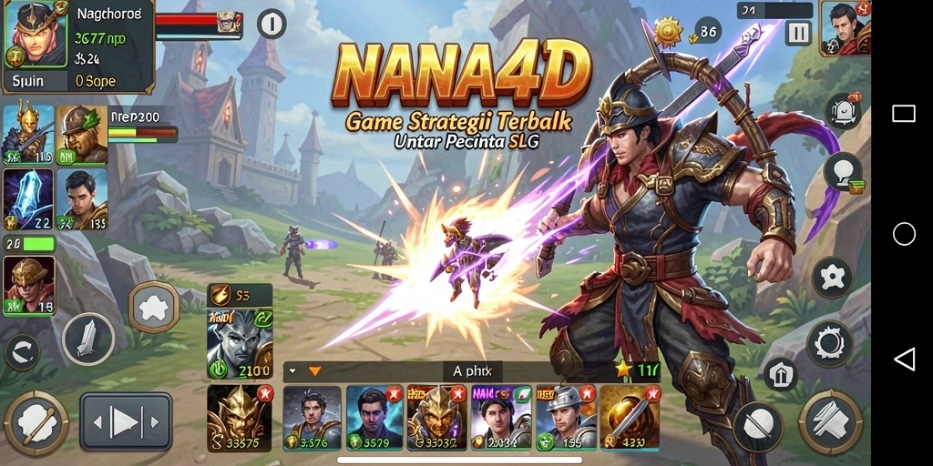 Screenshot utama NANA4D menampilkan pertempuran taktis yang seru dalam game SLG.