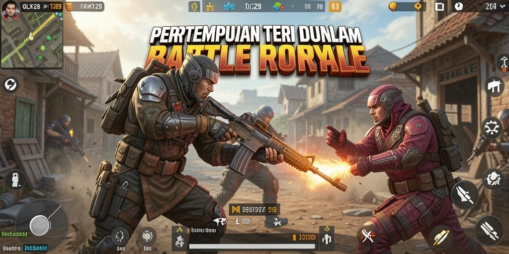 Screenshot utama OLX128 menunjukkan pertempuran intens di arena Battle Royale.