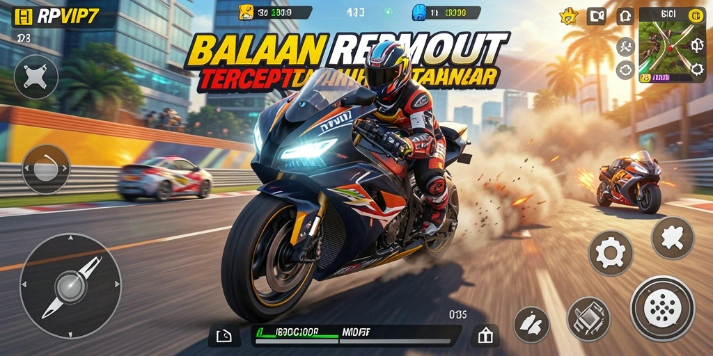 Screenshot gameplay RPVIP7 menampilkan aksi balapan motor yang menegangkan.