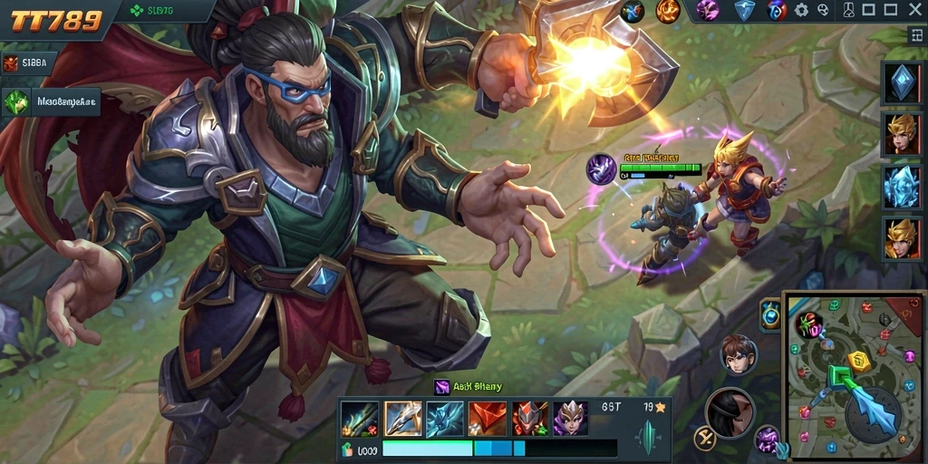 Screenshot utama TT789 menampilkan aksi MOBA mendebarkan di arena pertarungan.